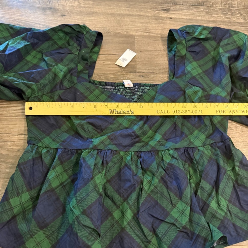 Old Navy Green Navy Plaid Puff Sleeve Peplum Top Sweetheart Neck Smocked Large - Picture 5 of 10